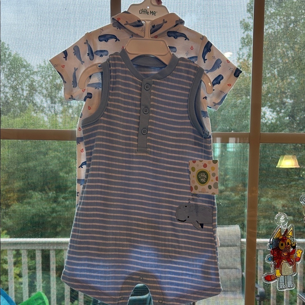 Little Me Blue Striped 2 Piece Romper Set- Whale Onsie Size 9 months